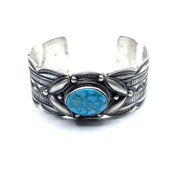 navajo handmade sterling silver kingman turquoise cuff bracelet - Picture 3 of 7